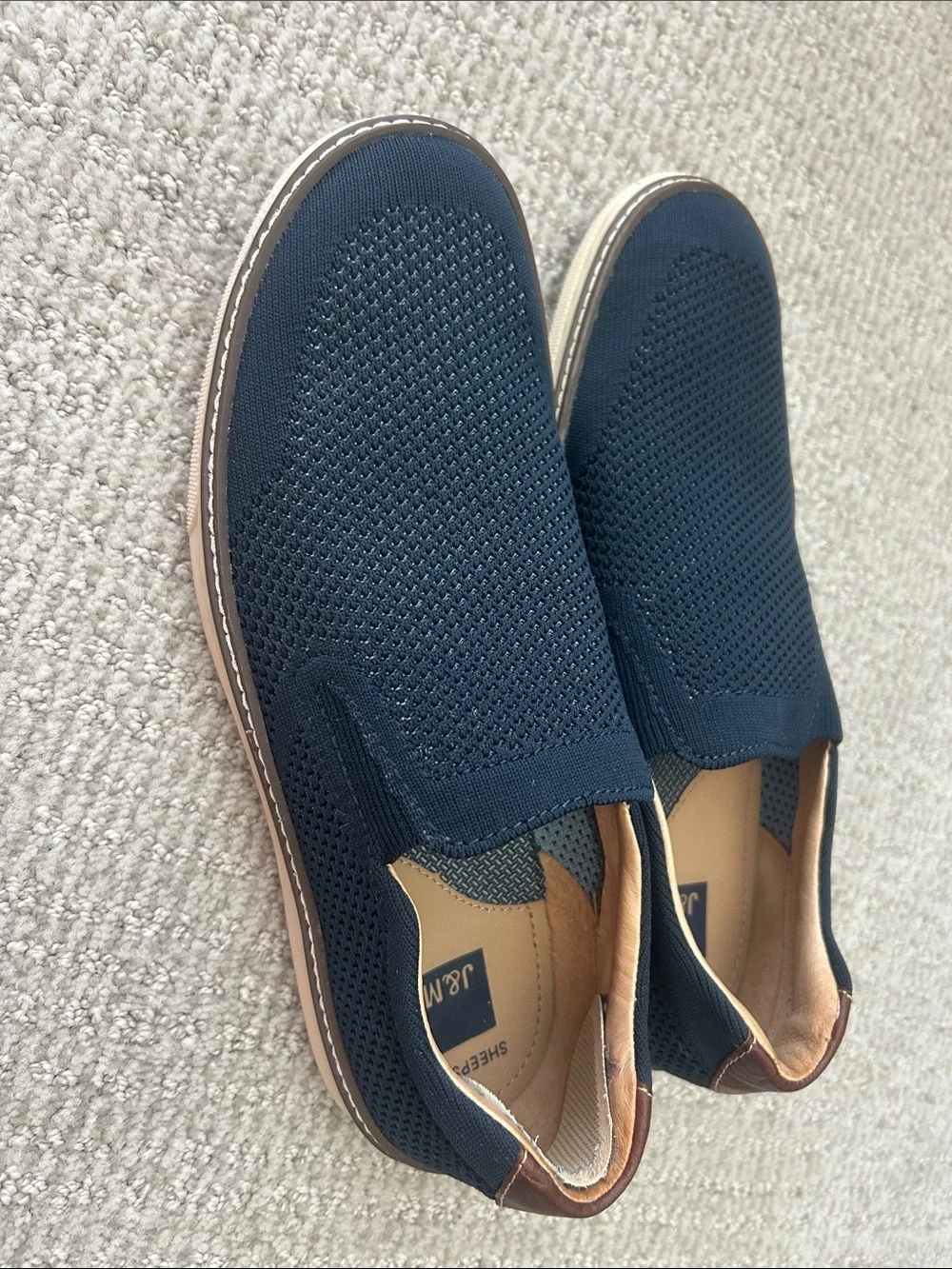 J&M Men's Navy Knit Slip-On Loafers with Brown Trim